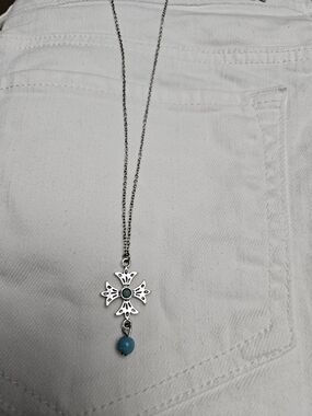 Justin Silver Floral Pendant Necklace with Turquoise Accent